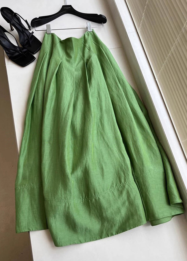 Beautiful Green High Waist Wrinkled Cotton Skirt Spring