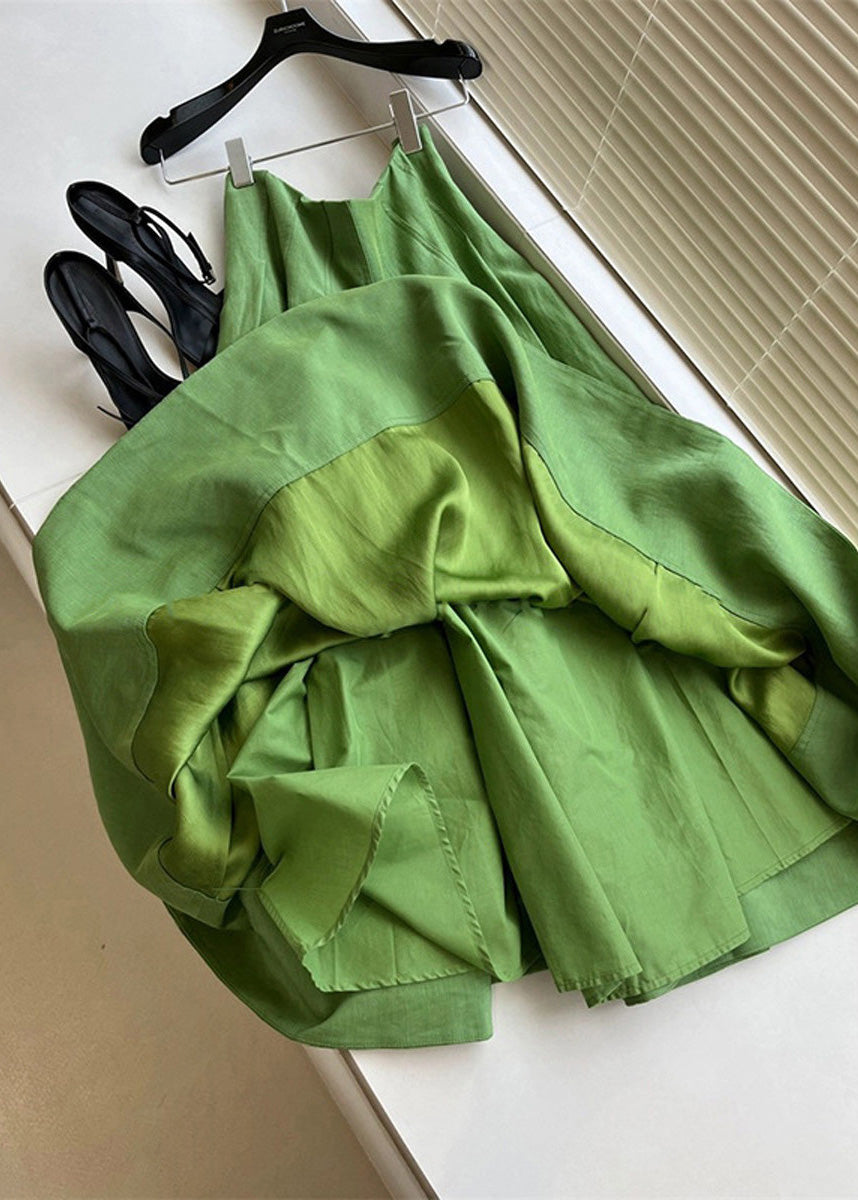 Beautiful Green High Waist Wrinkled Cotton Skirt Spring