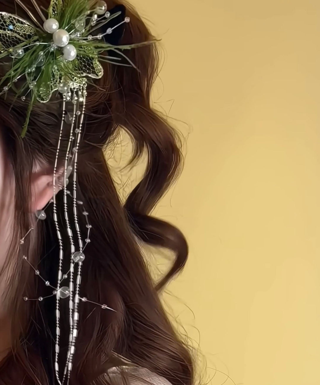 Beautiful Green Lace Feather Butterfly Pearl Tassel Hairpin