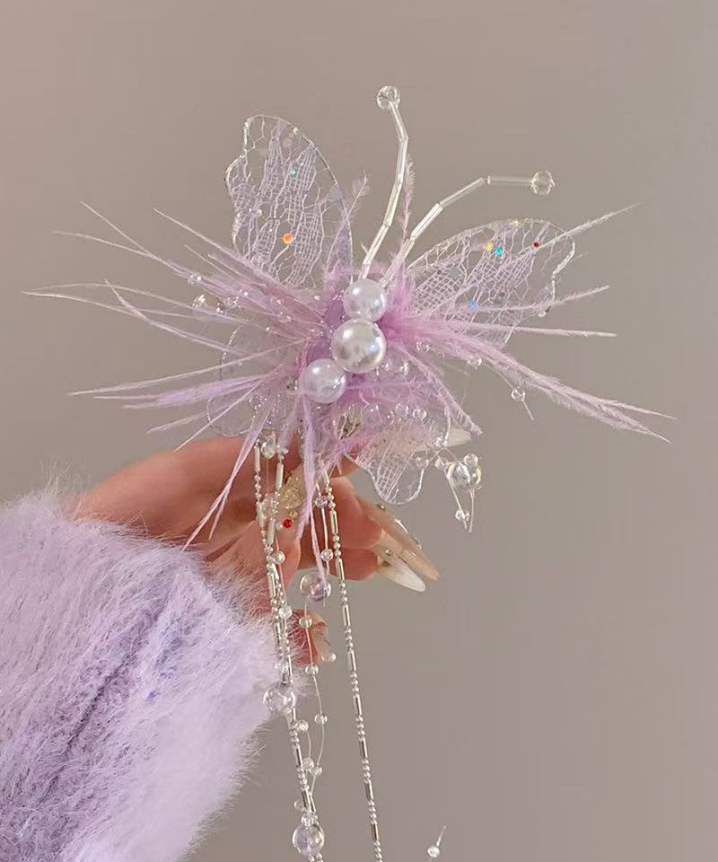 Beautiful Green Lace Feather Butterfly Pearl Tassel Hairpin