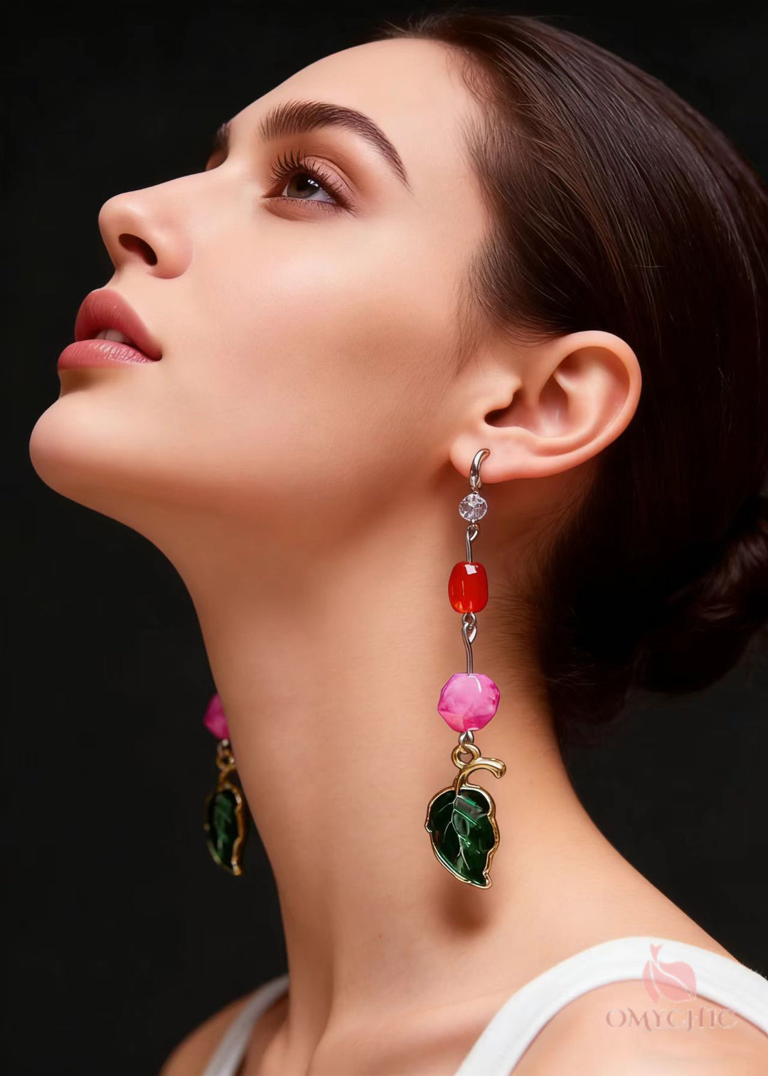 Beautiful Green Leaf Asymmetrical Jade Zircon Drop Earrings