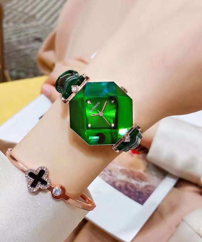 Beautiful Green Leather Tempered Glass Waterproof Watch