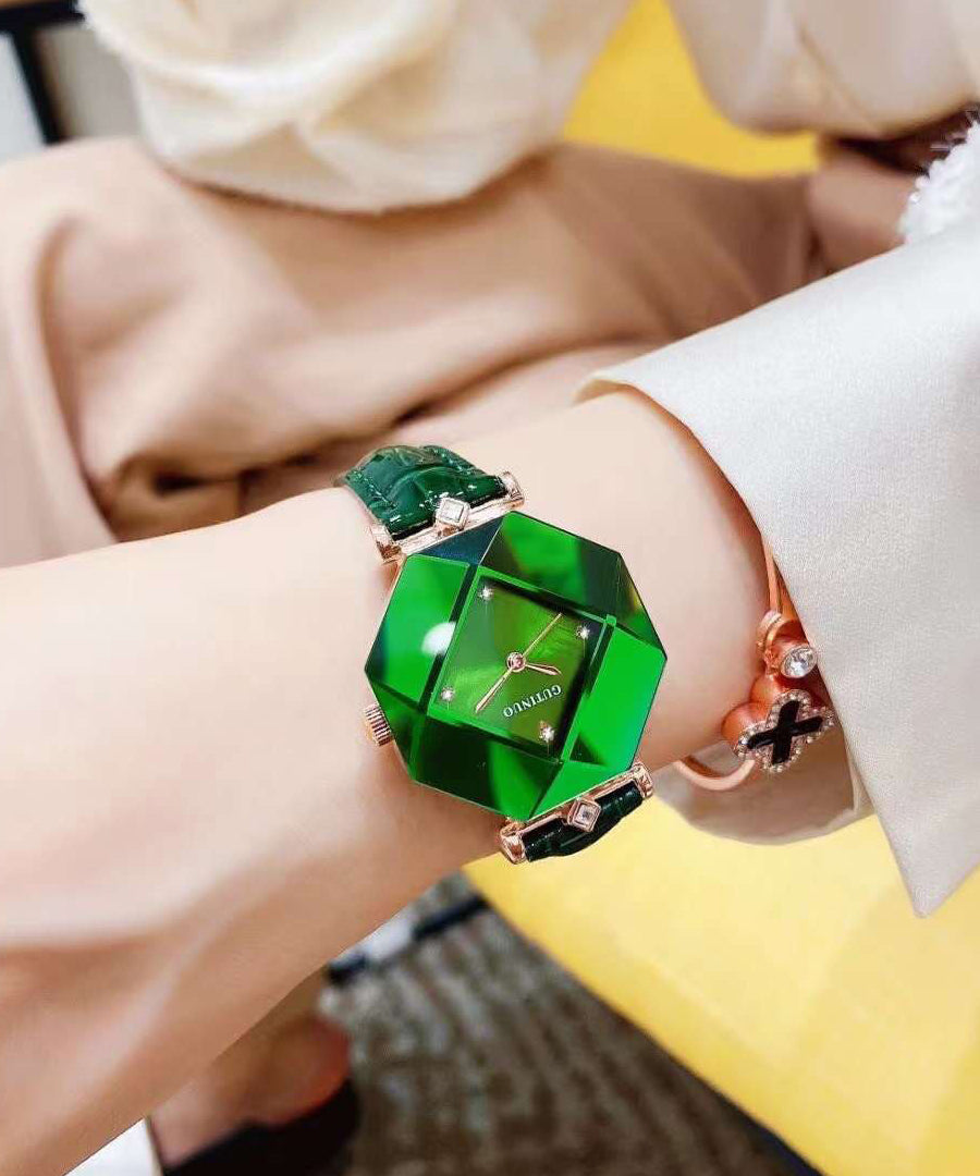 Beautiful Green Leather Tempered Glass Waterproof Watch