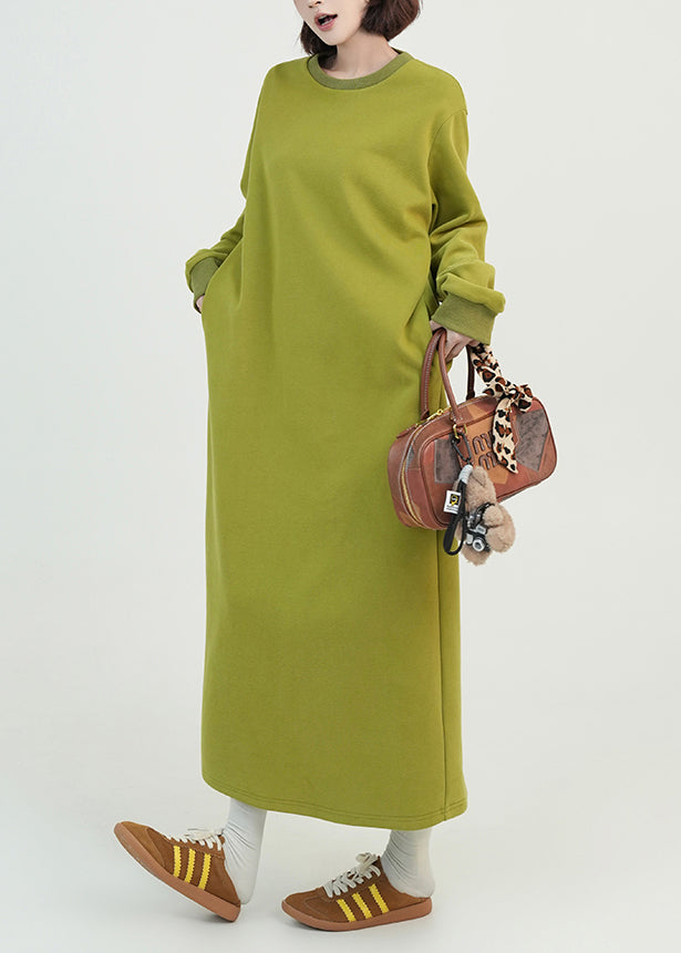 Beautiful Green O Neck Long Cotton Straight Dress Fall