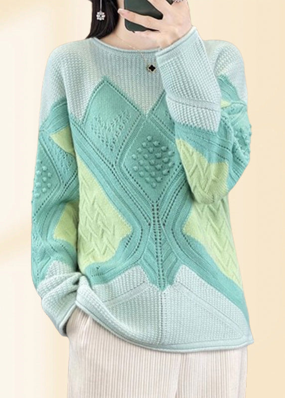 Beautiful Green O-Neck Plaid Cotton Knit Sweaters Fall