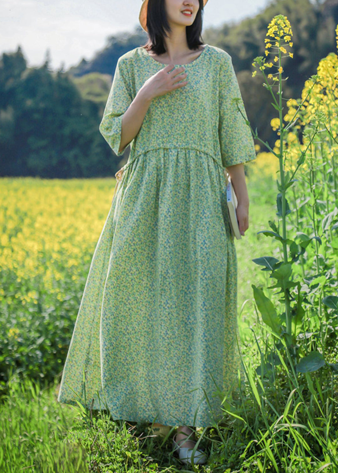 Beautiful Green O Neck Print Lace Up Cotton Dresses Half Sleeve