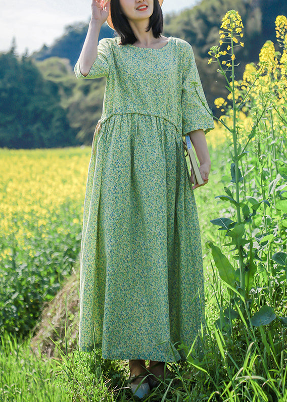 Beautiful Green O Neck Print Lace Up Cotton Dresses Half Sleeve