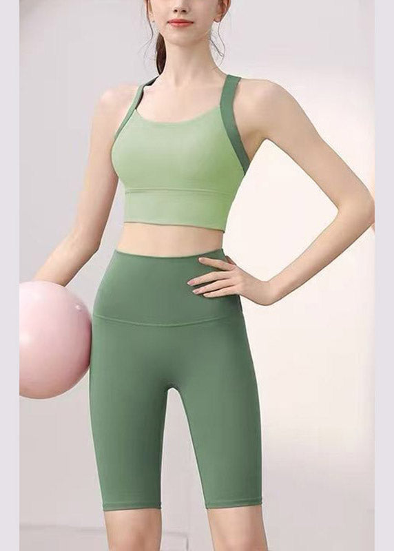 Beautiful Green Patchwork Sports Bra And Leggings Set Suit Running Leggings