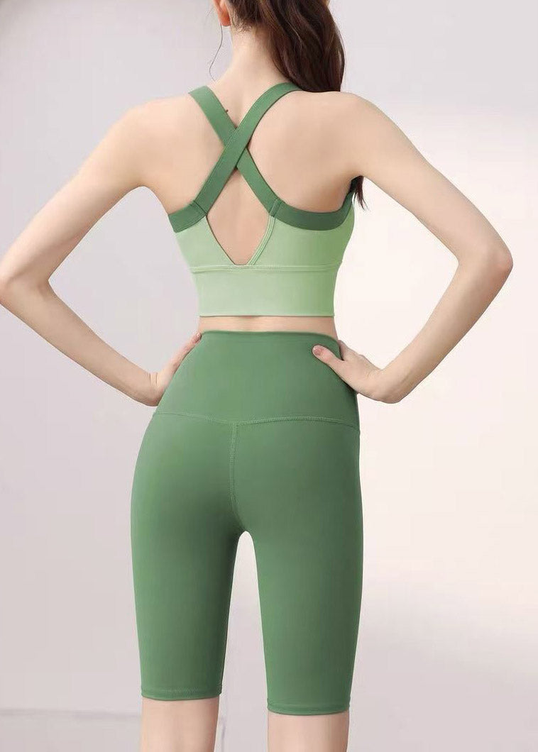 Beautiful Green Patchwork Sports Bra And Leggings Set Suit Running Leggings