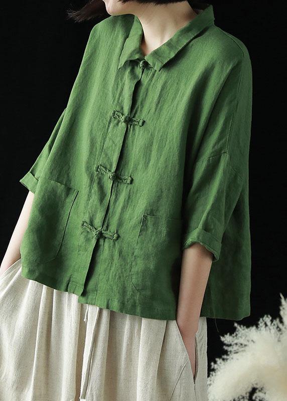 Beautiful Green Peter Pan Collar Pockets Summer Linen top - SooLinen