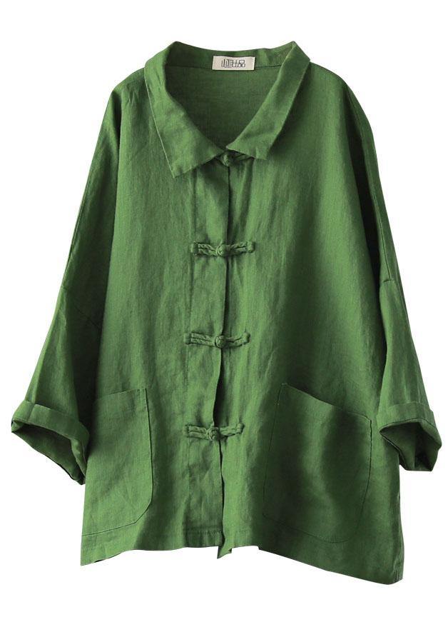 Beautiful Green Peter Pan Collar Pockets Summer Linen top - SooLinen