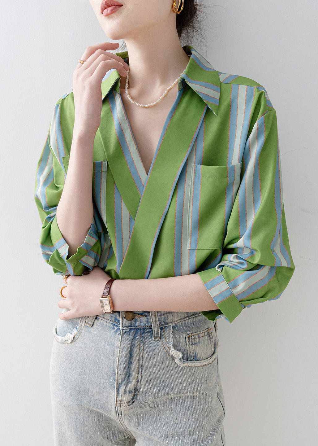 Beautiful Green Peter Pan Collar Striped Cotton Shirt Top Half Sleeve