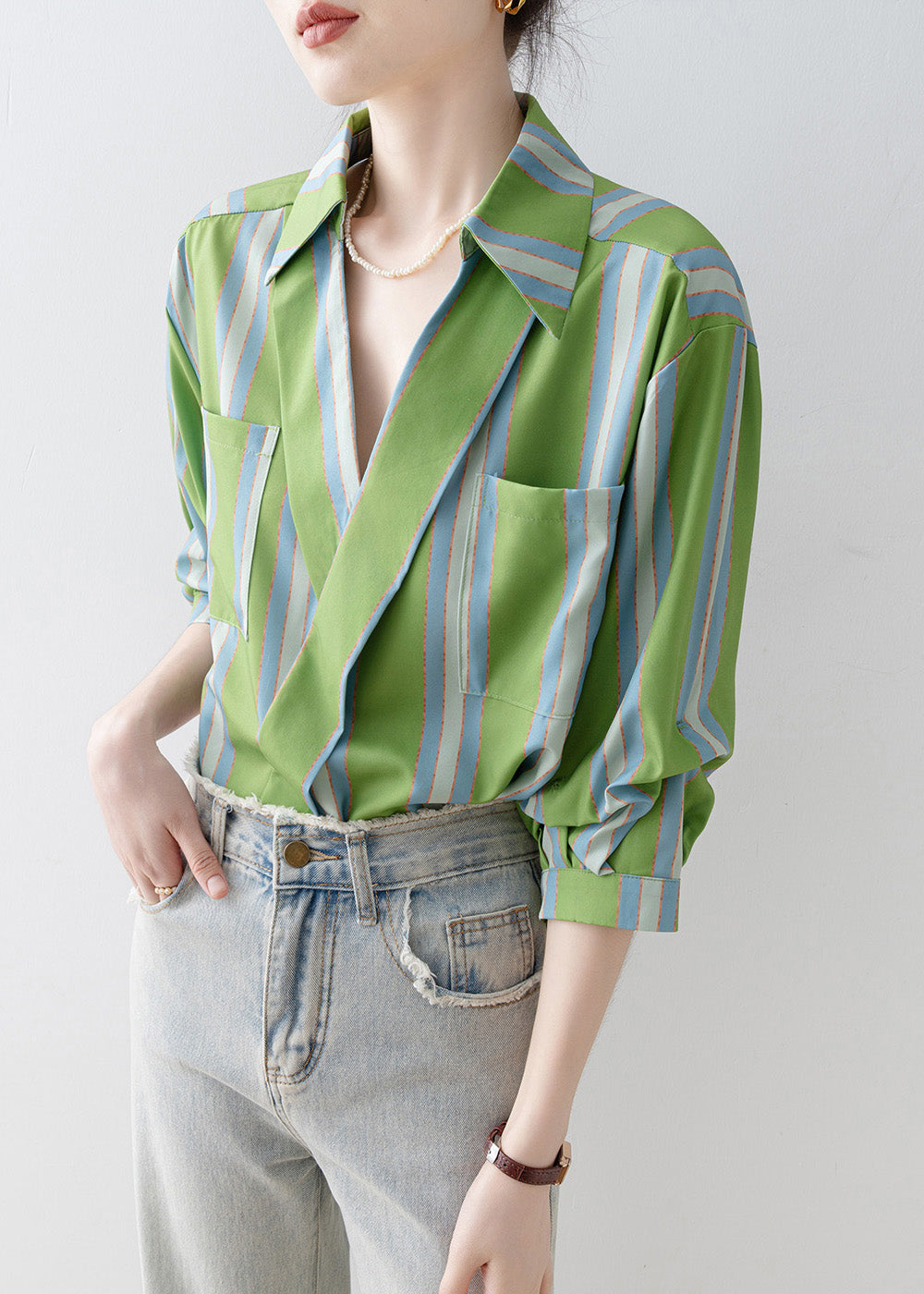 Beautiful Green Peter Pan Collar Striped Cotton Shirt Top Half Sleeve