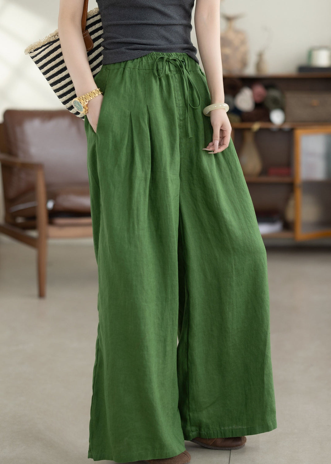 Beautiful Green Pockets Elastic Waist Linen Pants Summer