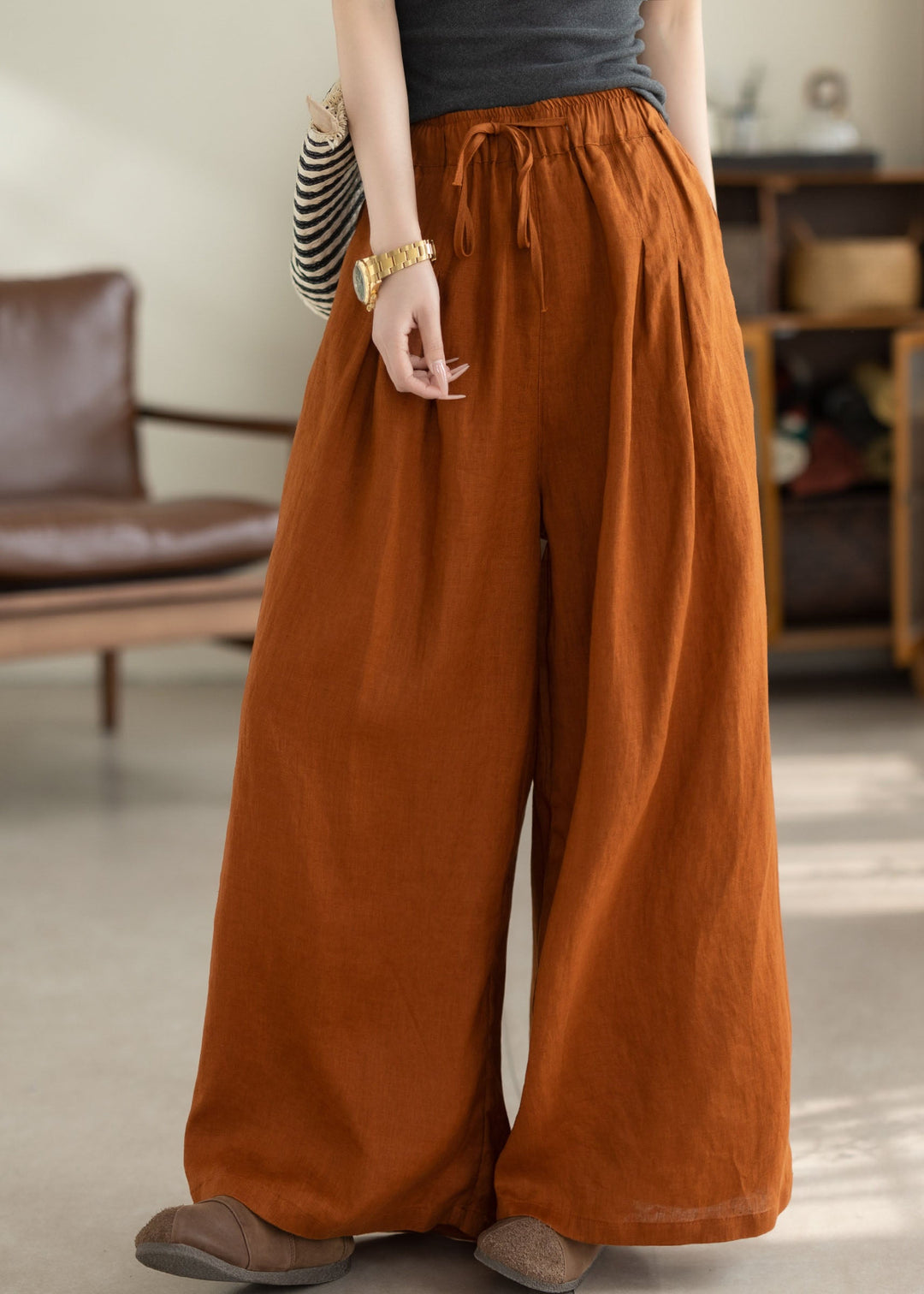 Beautiful Green Pockets Elastic Waist Linen Pants Summer