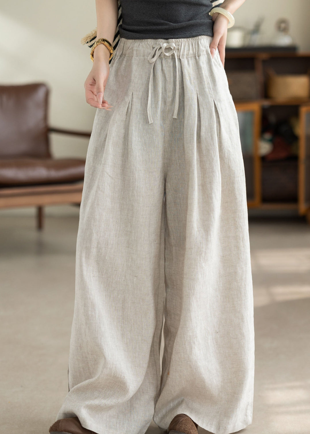 Beautiful Green Pockets Elastic Waist Linen Pants Summer