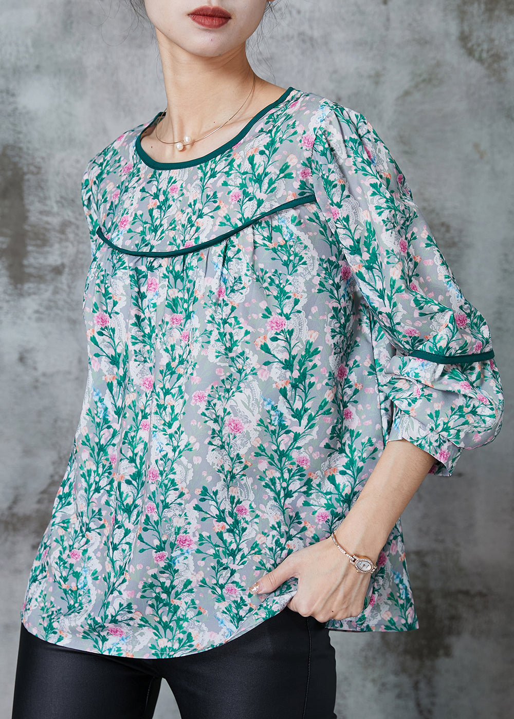 Beautiful Green Print Chiffon Loose Shirt Spring