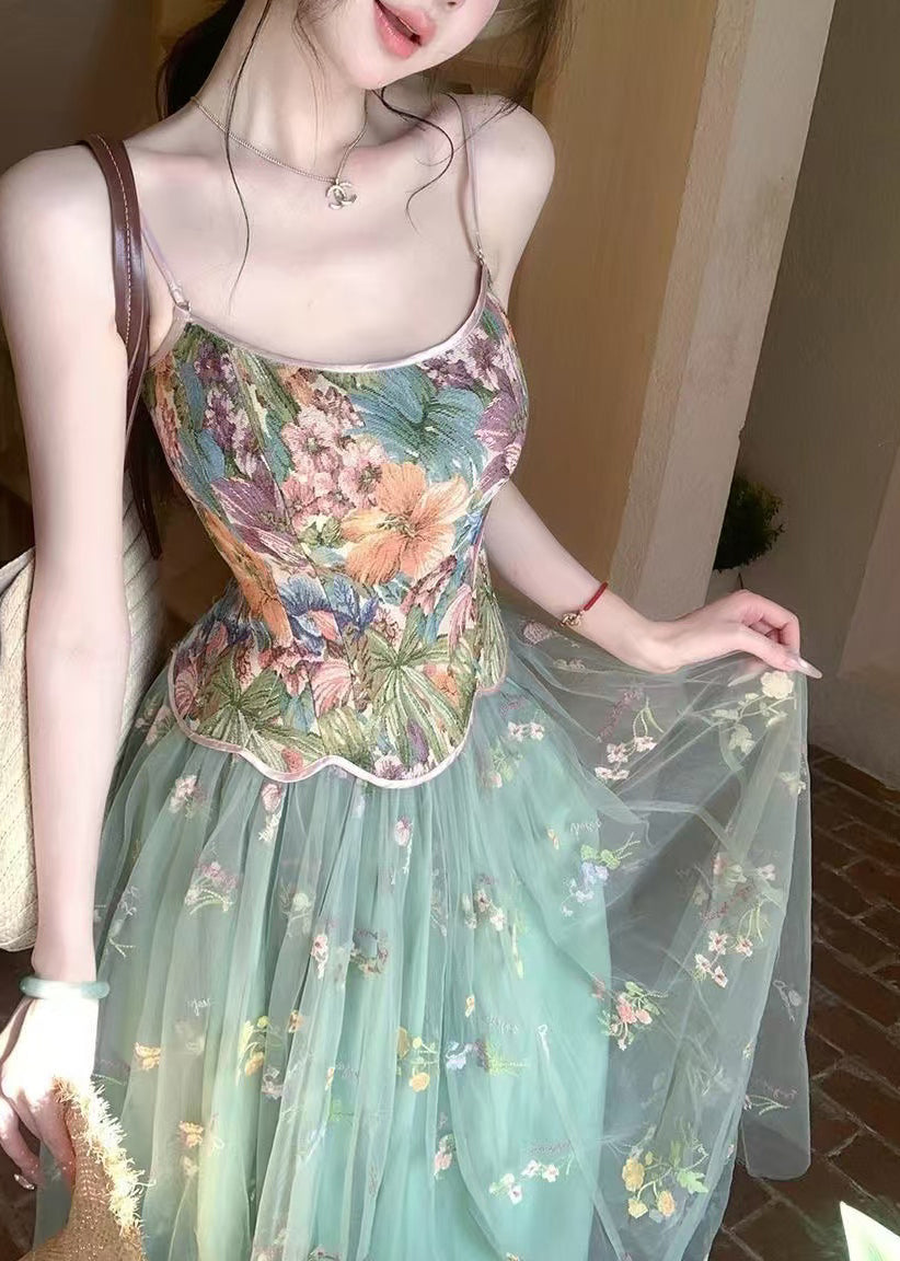 Beautiful Green Print Tulle Vests And Skirts Two Piece Set Outfits Summer