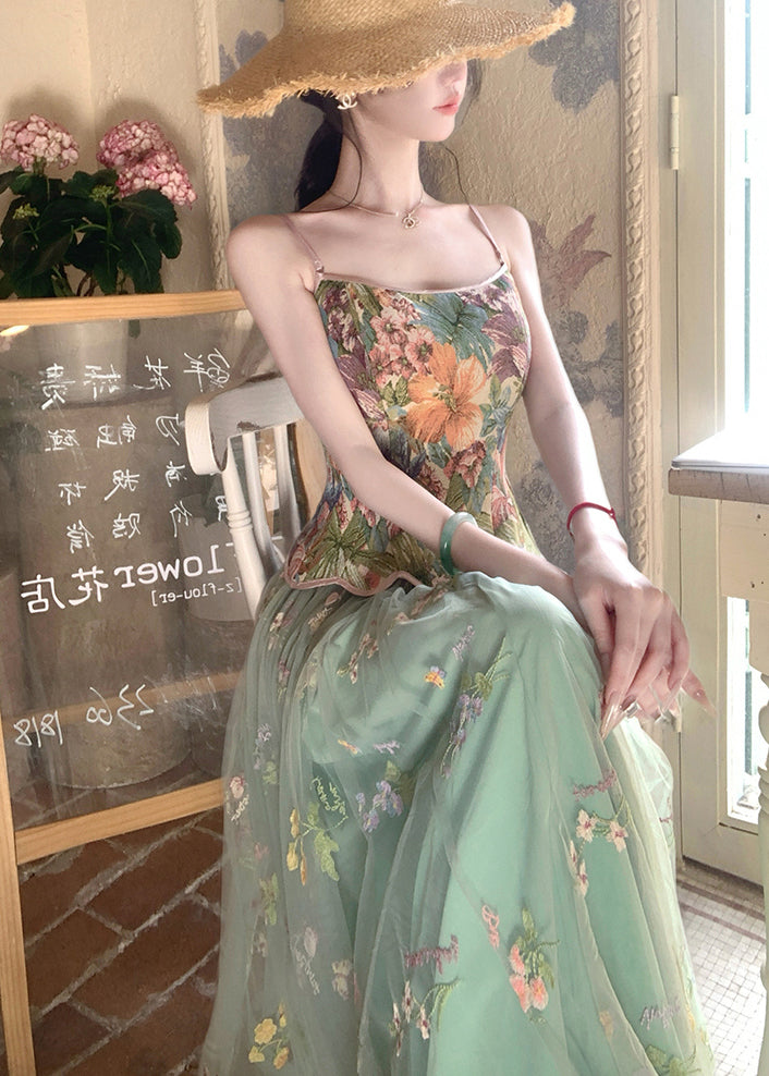 Beautiful Green Print Tulle Vests And Skirts Two Piece Set Outfits Summer