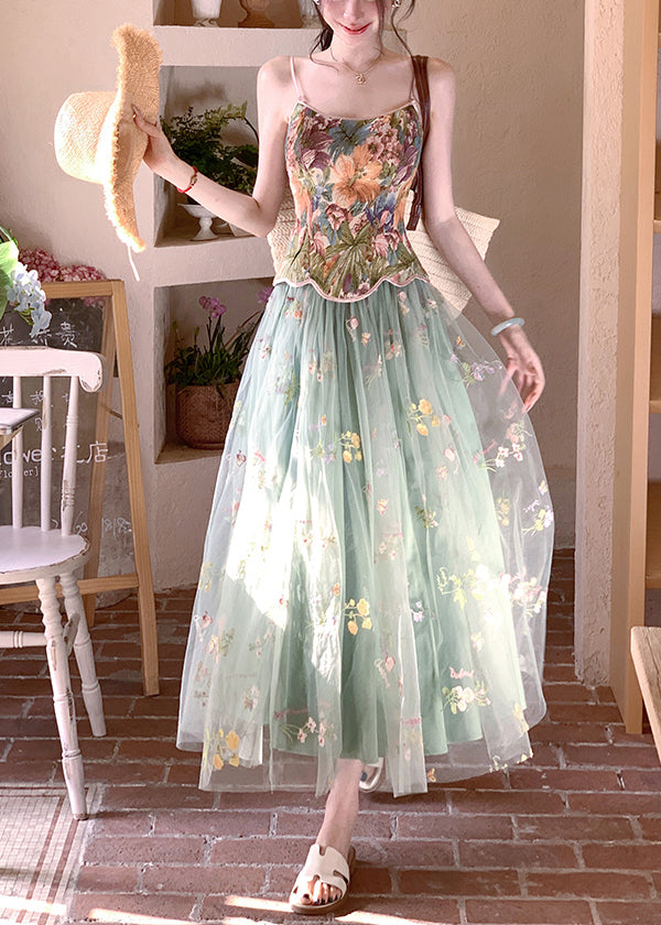 Beautiful Green Print Tulle Vests And Skirts Two Piece Set Outfits Summer