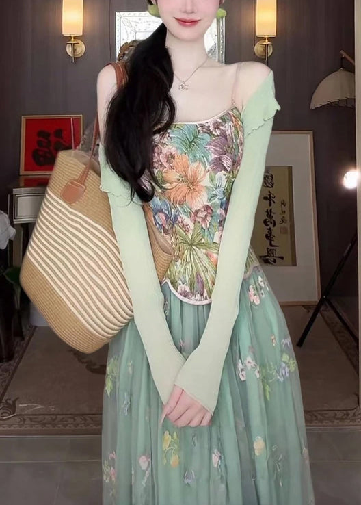 Beautiful Green Print Tulle Vests And Skirts Two Piece Set Outfits Summer