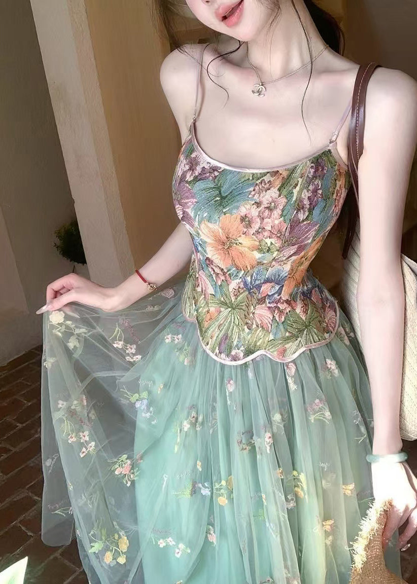Beautiful Green Print Tulle Vests And Skirts Two Piece Set Outfits Summer