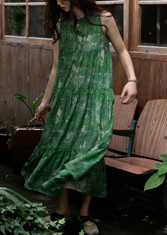 Beautiful Green Print Wrinkled Silk Cotton Dress Sleeveless