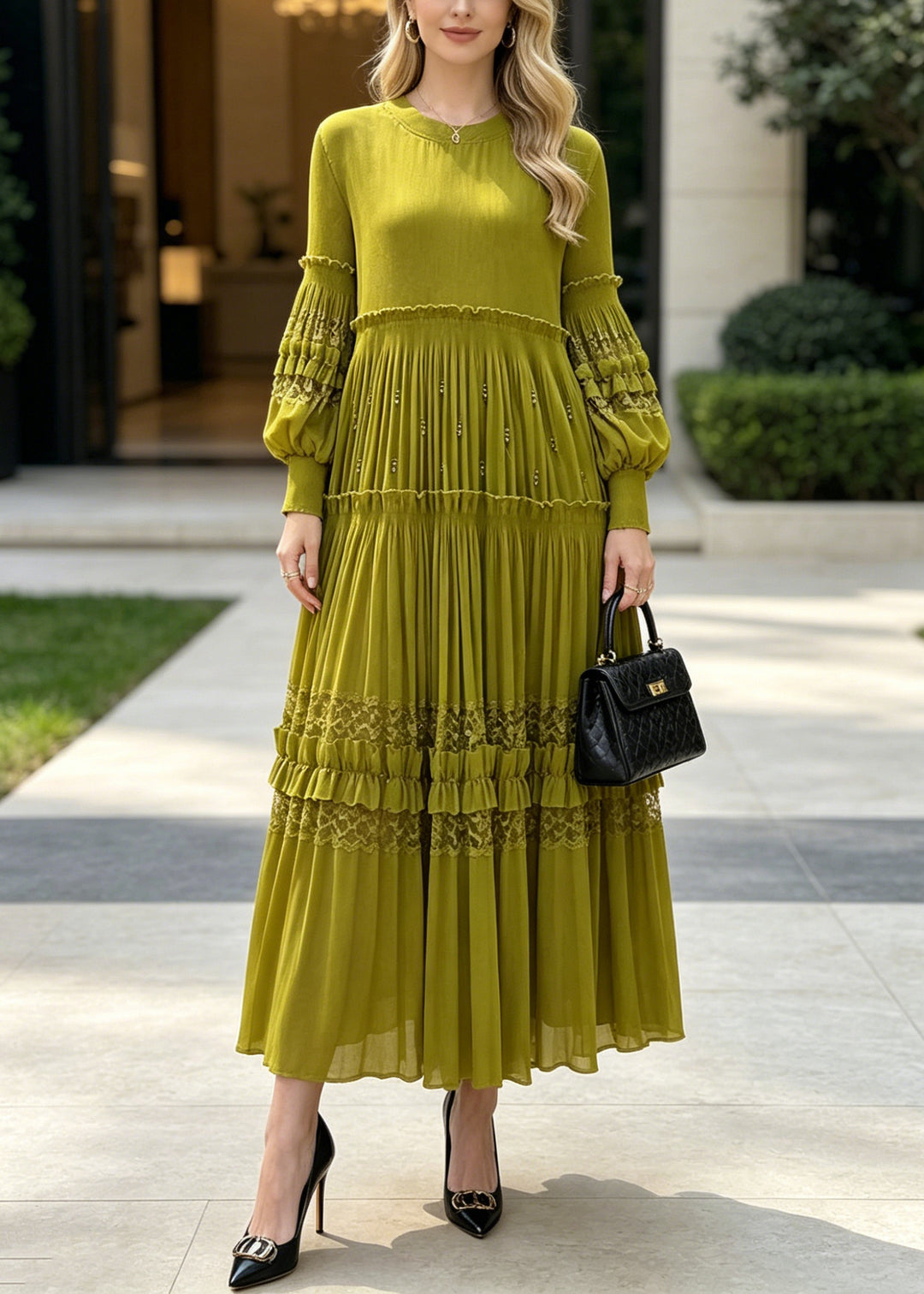 Beautiful Green Ruffled Patchwork Lace Holiday Dress Fall