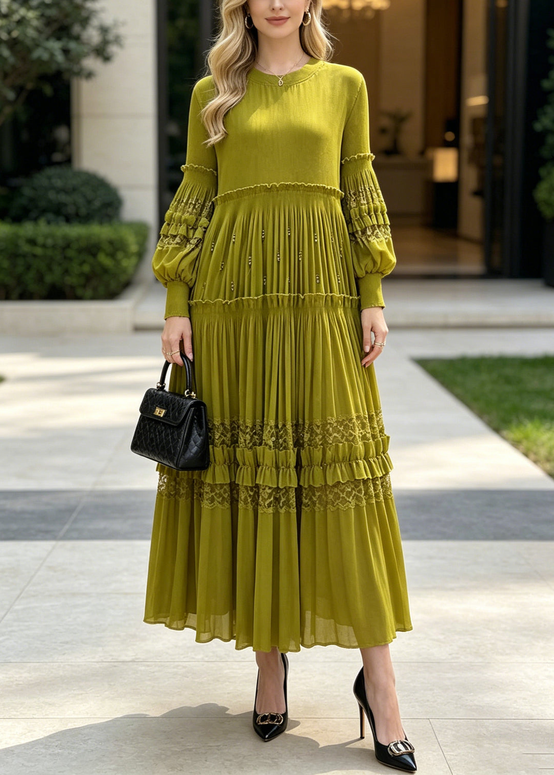 Beautiful Green Ruffled Patchwork Lace Holiday Dress Fall