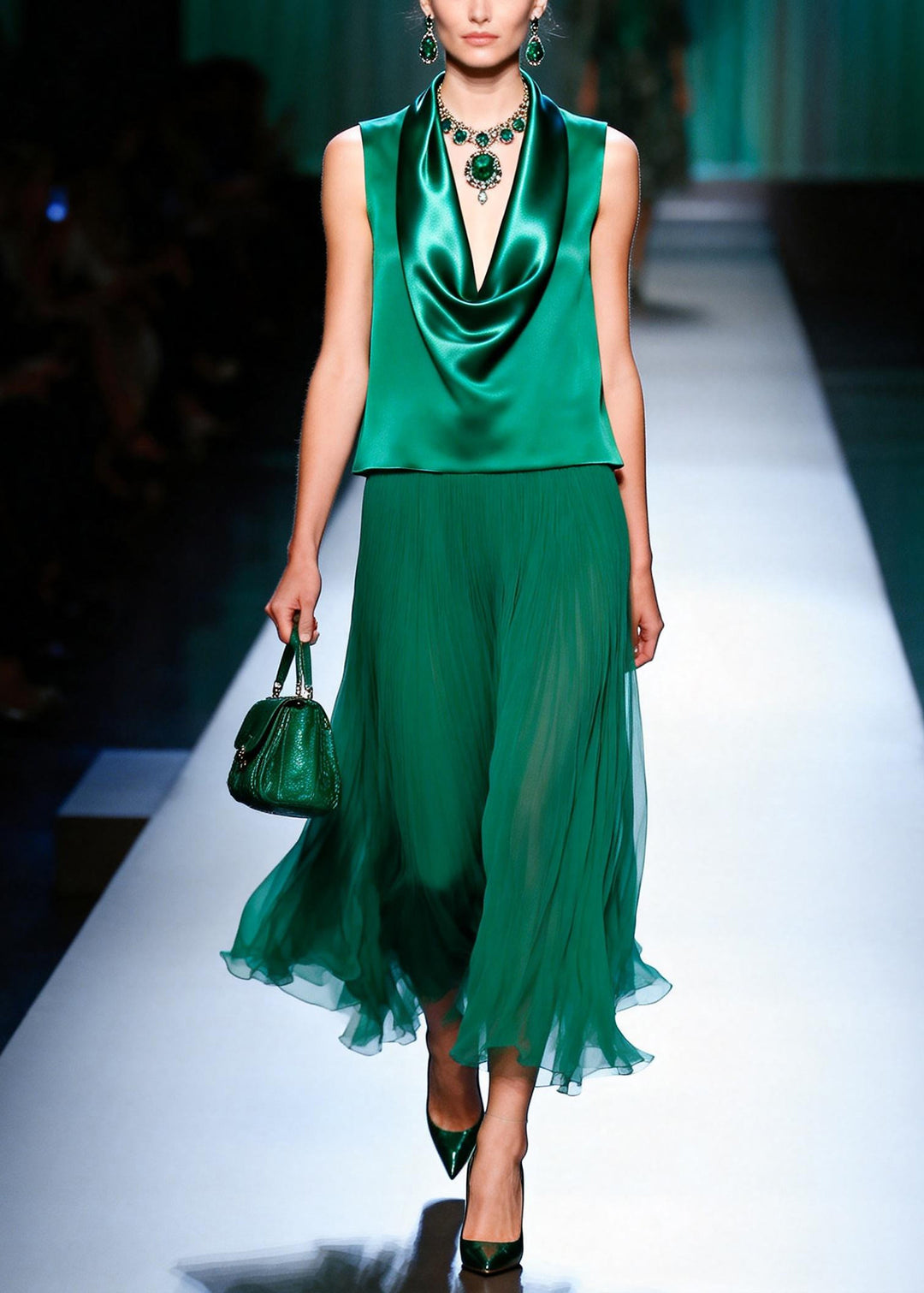 Beautiful Green Turtle Neck Patchwork Chiffon Fake Two Piece Dresses Sleeveless