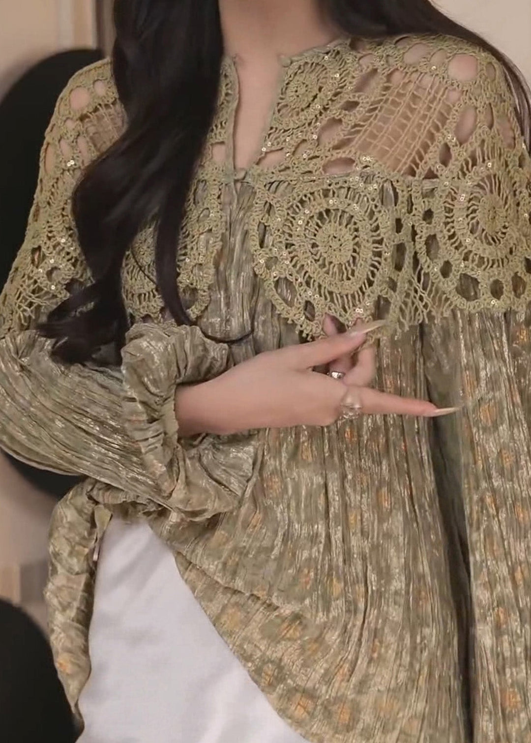 Beautiful Green V Neck Hollow Out Patchwork Cotton Shirt Fall