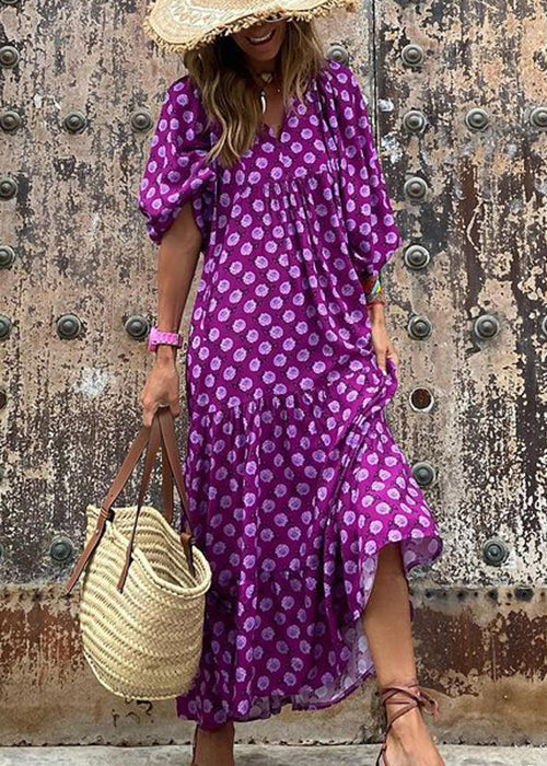 Beautiful Green V Neck Print Cotton Long Dresses Puff Sleeve