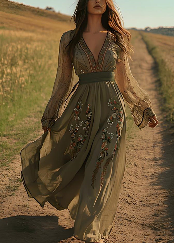Beautiful Green V Neck Print Cotton Maxi Dresses Spring