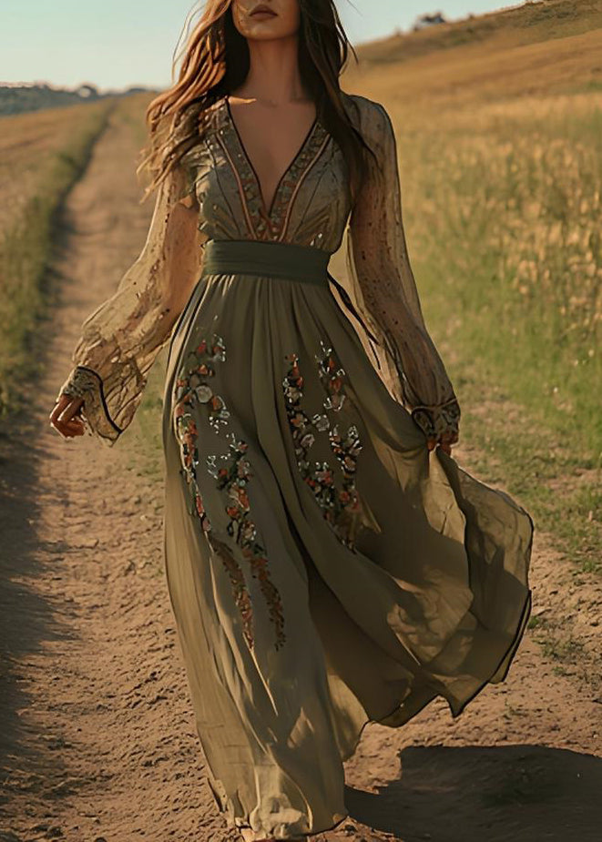 Beautiful Green V Neck Print Cotton Maxi Dresses Spring