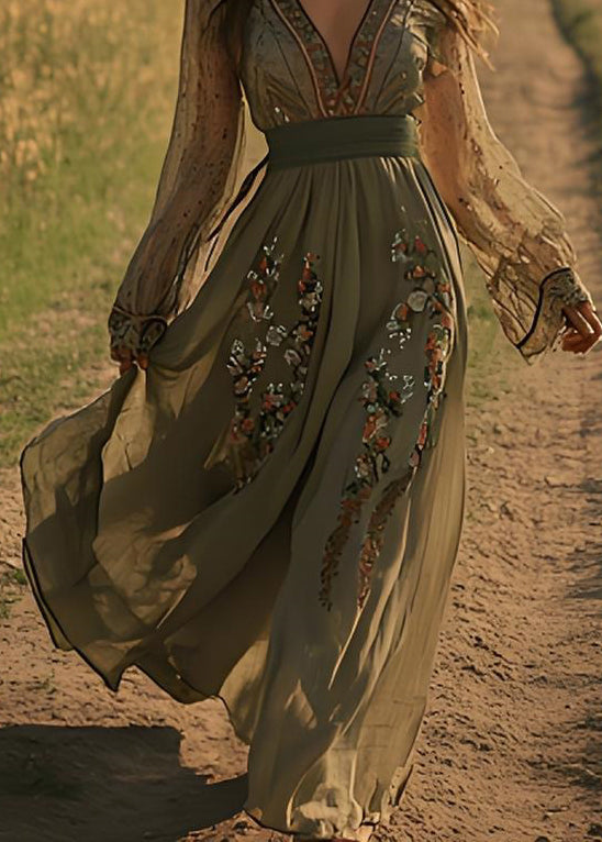 Beautiful Green V Neck Print Cotton Maxi Dresses Spring