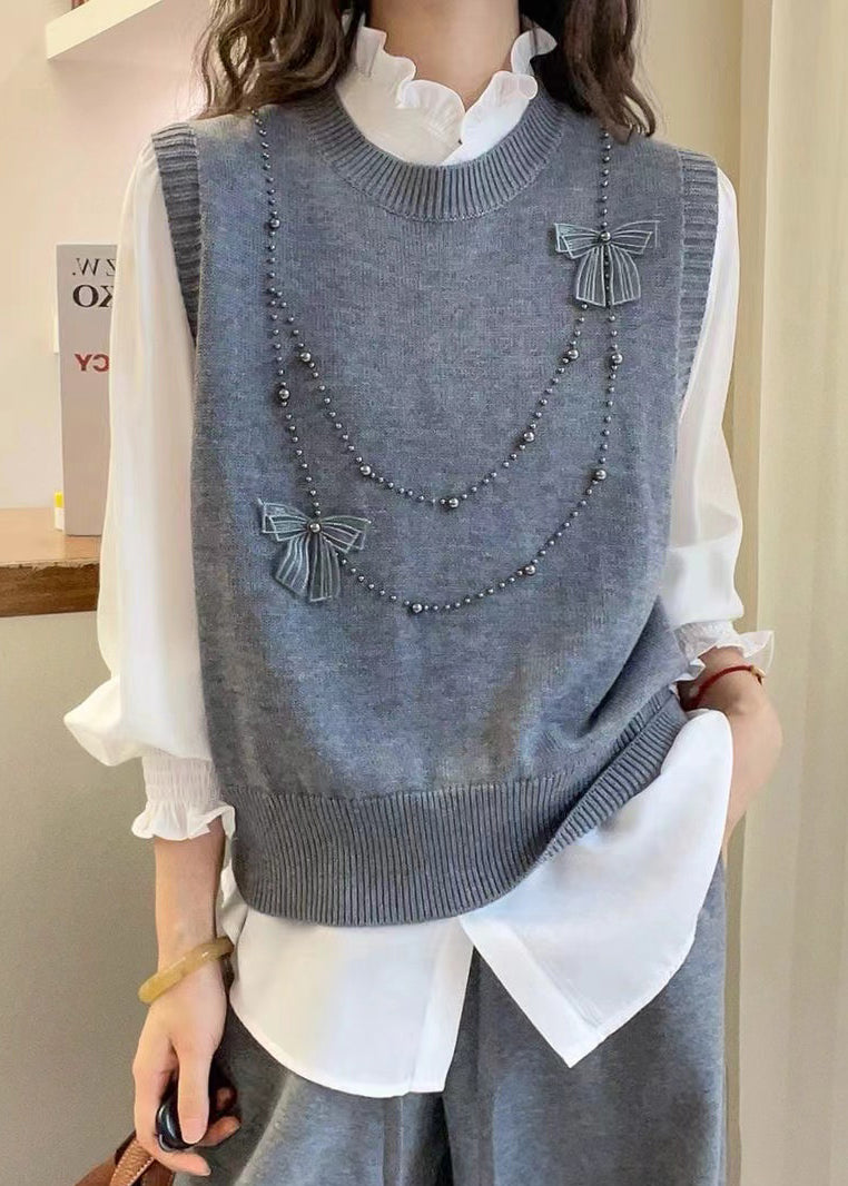 Beautiful Grey Butterfly Nail Bead Knit Vest Summer