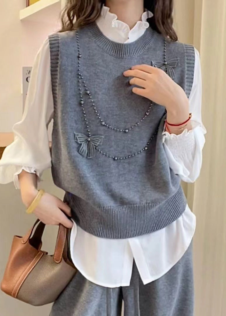 Beautiful Grey Butterfly Nail Bead Knit Vest Summer