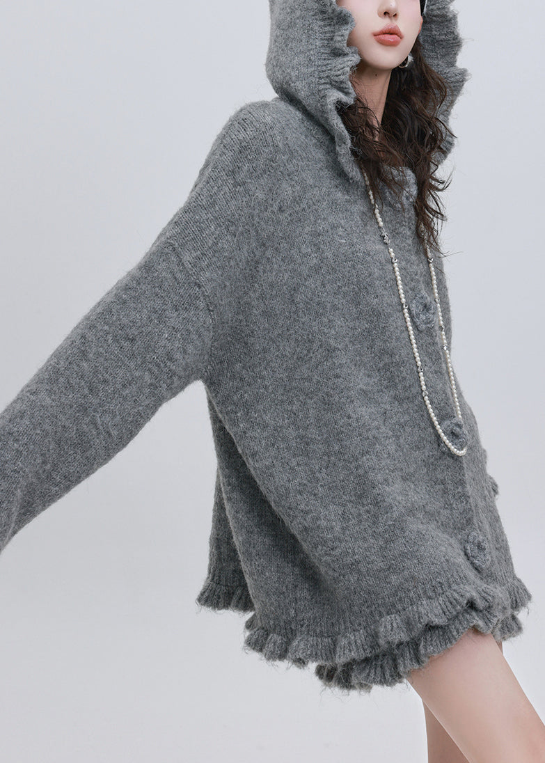 Beautiful Grey Floral Cotton Knit Hooded Cardigan And Skirts Two Pieces Set Puff Sleeve