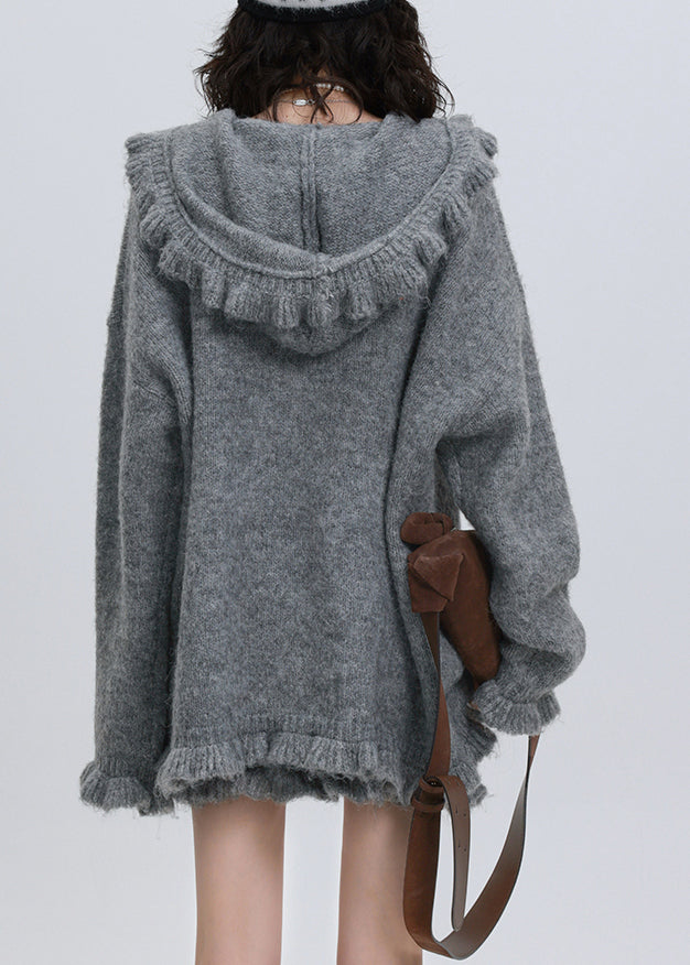 Beautiful Grey Floral Cotton Knit Hooded Cardigan And Skirts Two Pieces Set Puff Sleeve
