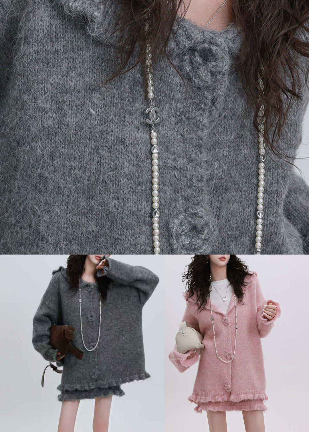 Beautiful Grey Floral Cotton Knit Hooded Cardigan And Skirts Two Pieces Set Puff Sleeve