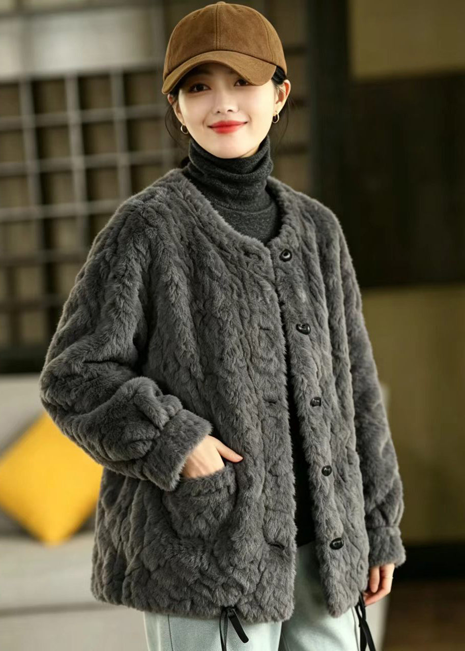 Beautiful Grey O-Neck Drawstring Faux Fur Integrated Jacket Winter