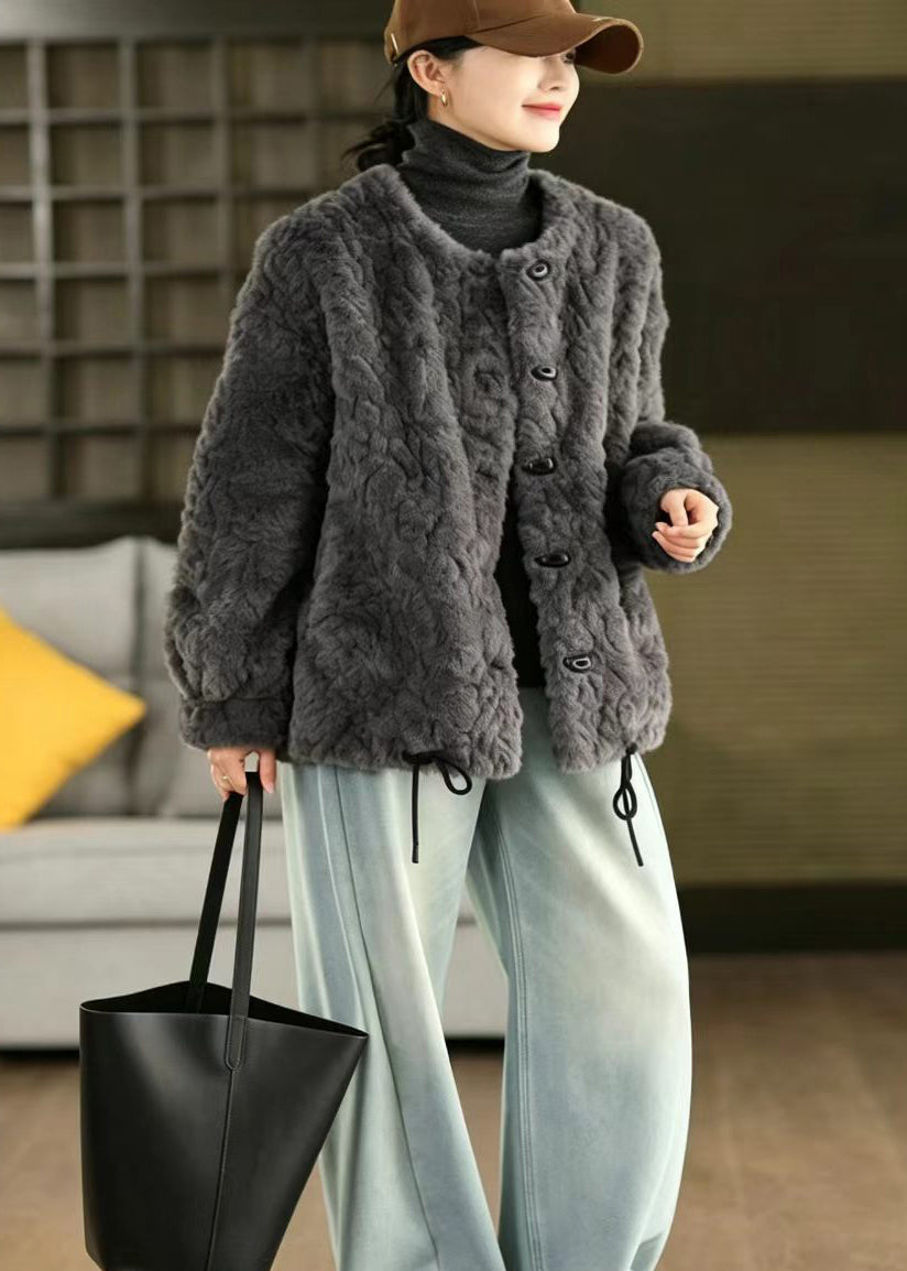 Beautiful Grey O-Neck Drawstring Faux Fur Integrated Jacket Winter