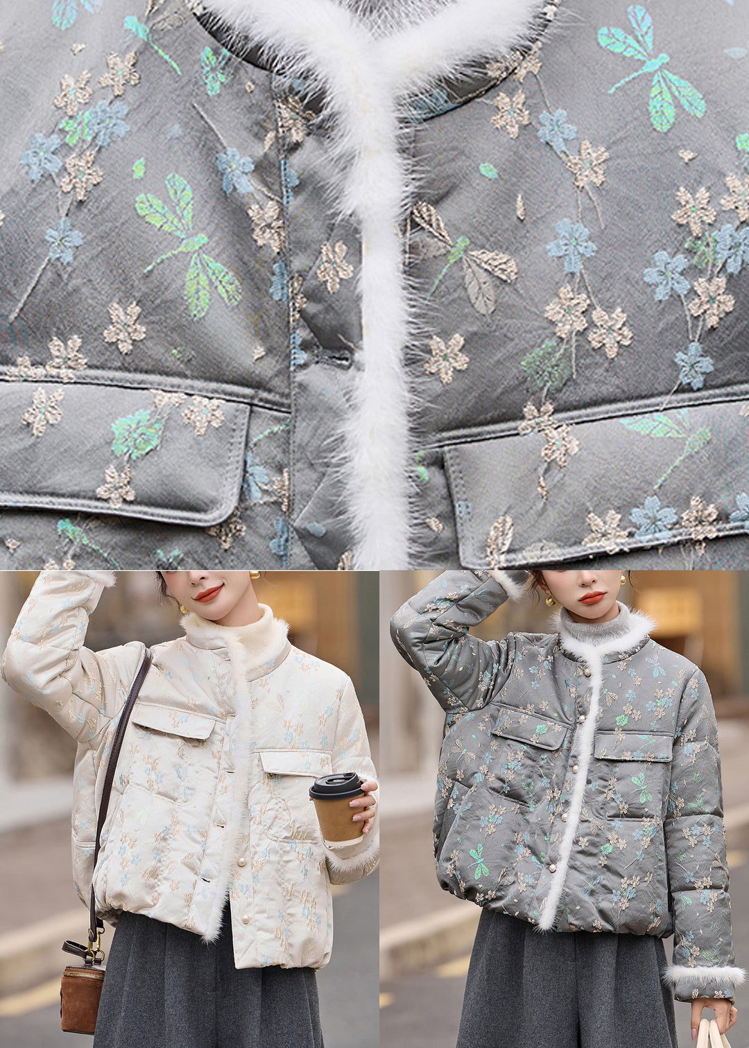 Beautiful Grey O Neck Jacquard Duck Down Winter Coats