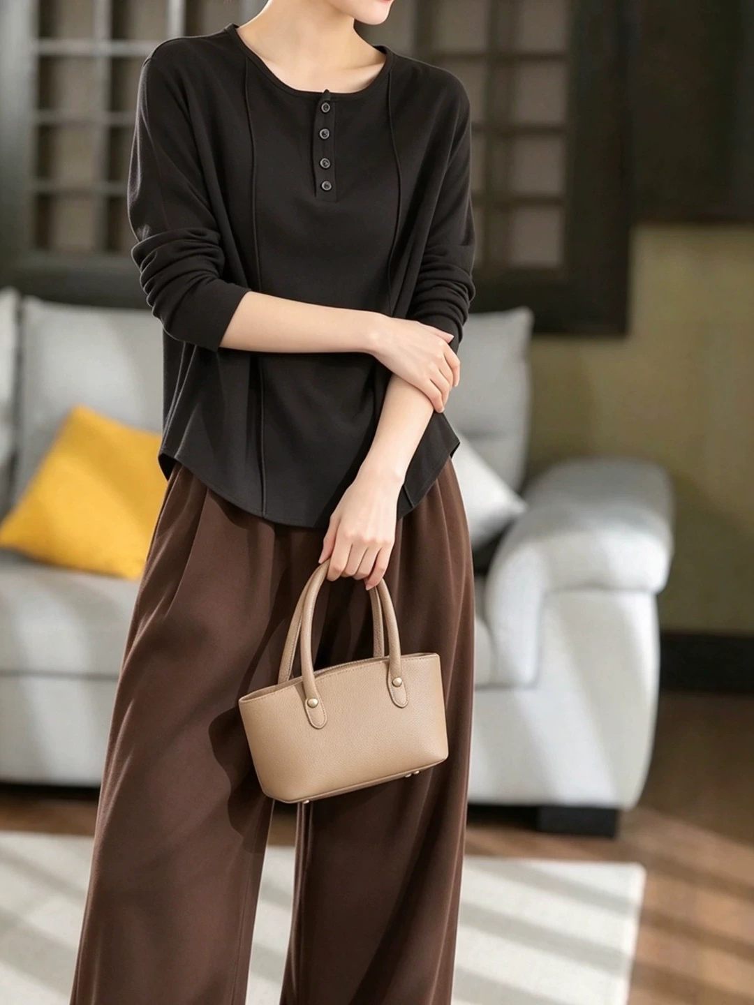 Beautiful Grey O-Neck Wrinkled Cotton Top Fall