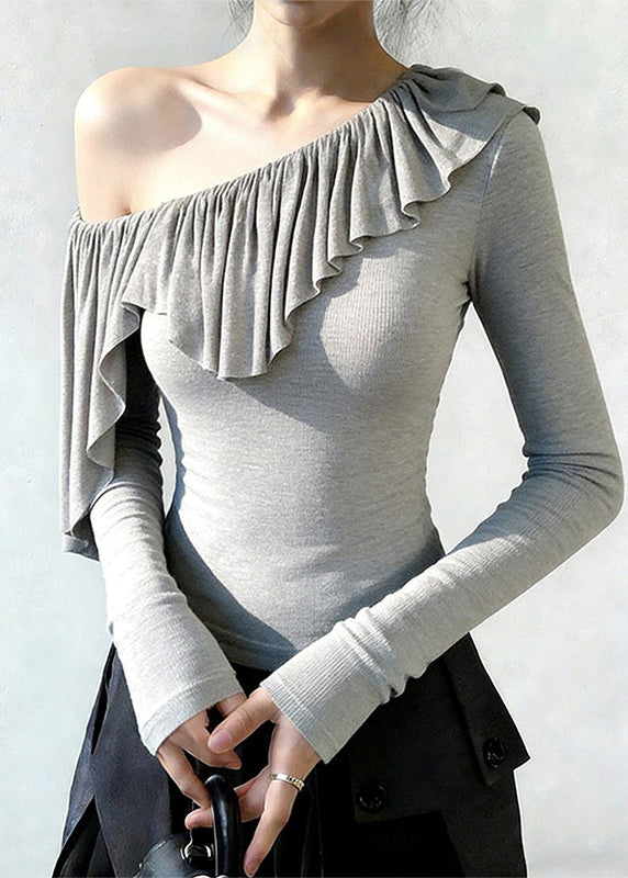 Beautiful Grey One Shoulder Ruffles Cotton Tops Spring - Omychic