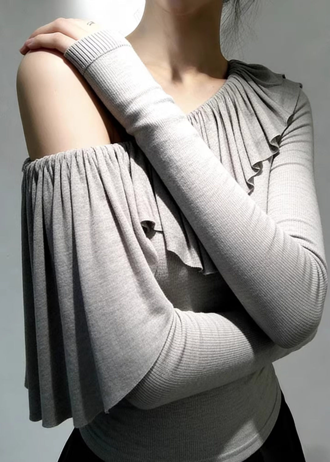 Beautiful Grey One Shoulder Ruffles Cotton Tops Spring - Omychic