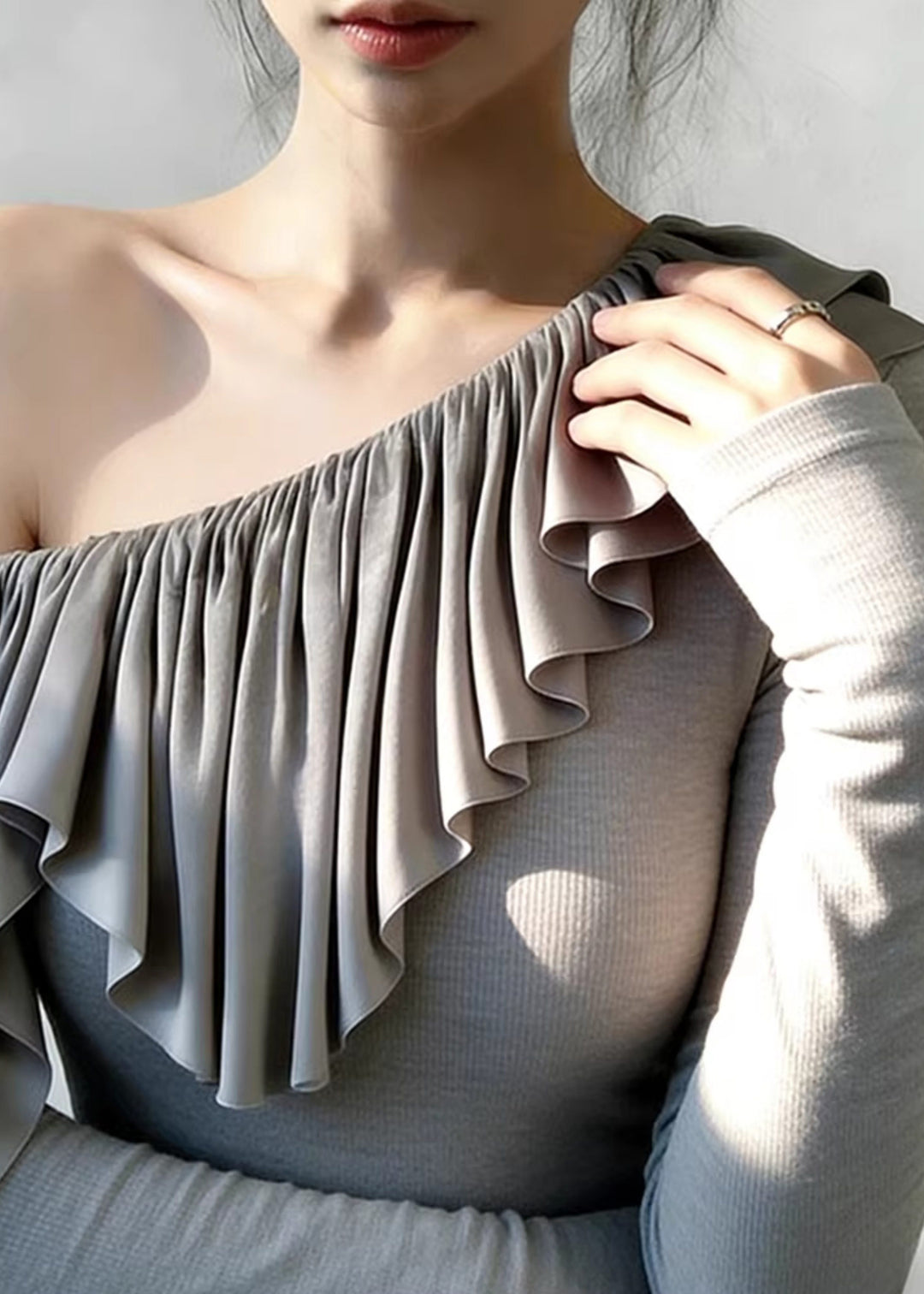 Beautiful Grey One Shoulder Ruffles Cotton Tops Spring - Omychic
