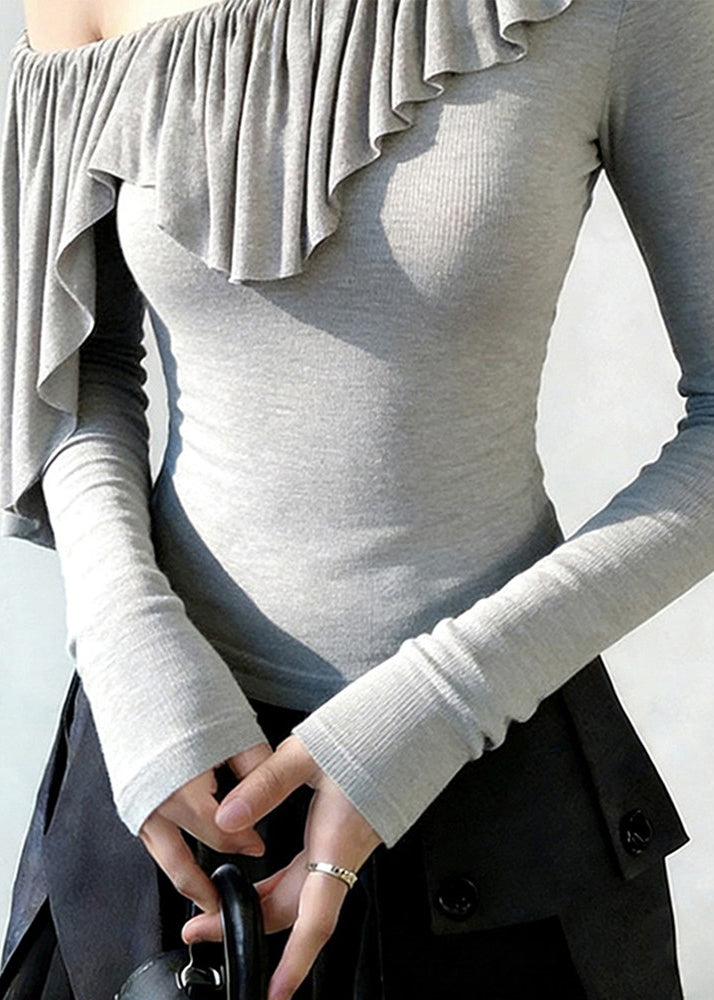 Beautiful Grey One Shoulder Ruffles Cotton Tops Spring - Omychic