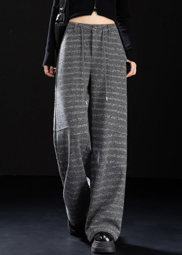 Beautiful Grey Pockets Striped Woolen Wide Leg Pants Winter