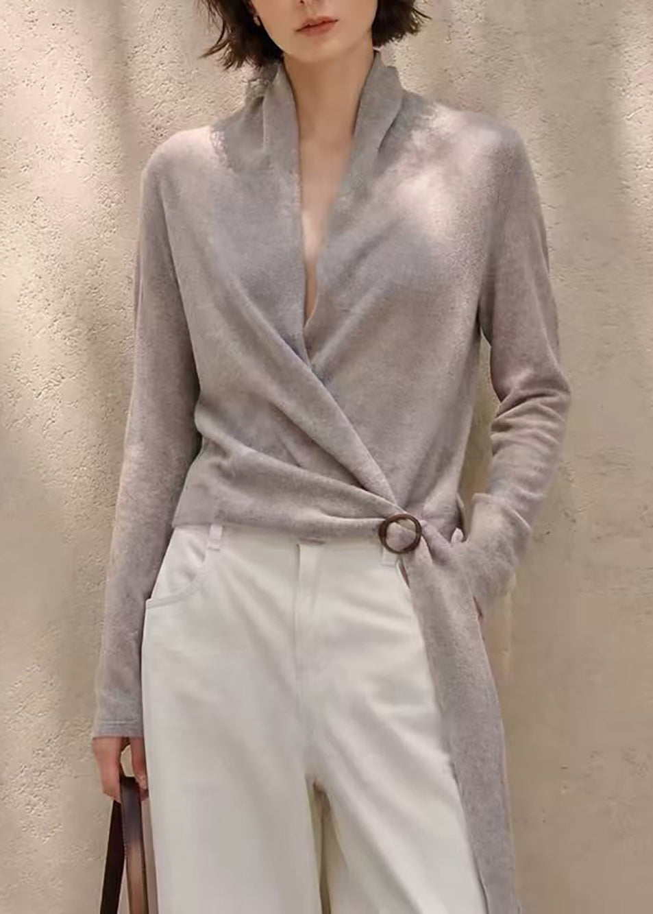 Beautiful Grey Purple Wrap Cross V Neck Sash Knit Sweater Fall